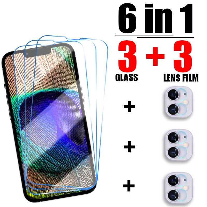 6 in 1 Tempered Screen Protector For iPhone 13 12 11 Pro Max Camera Lens Film For iPhone 13 12 Mini 11 SE Protective Glass