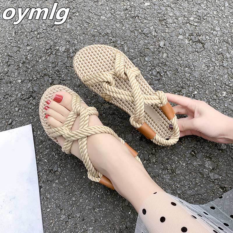 Dam sandaler hampa rep lägenheter kvinnliga slip on beach skor andas bekväm kors slips damsko