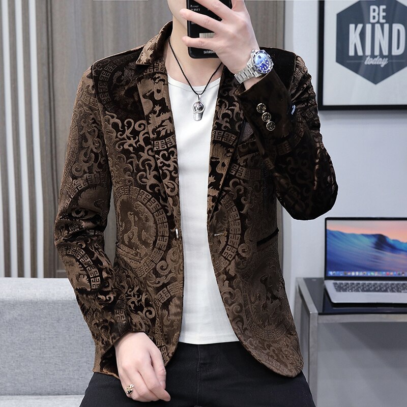 Spring Men's Printed Old Suit Handsome Small Suit for Men's South Korean Sight-fitting Evening Show Small Suit Jacket: brown / M