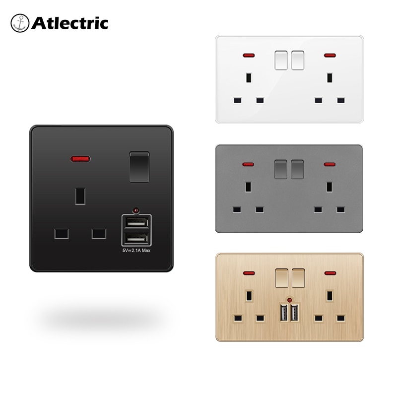 Atlectric UK Standard 13A Wall Socket Black White Gray Plastic Embedded Panel Usb Socket With Switch 110-250V Two Britain Outlet