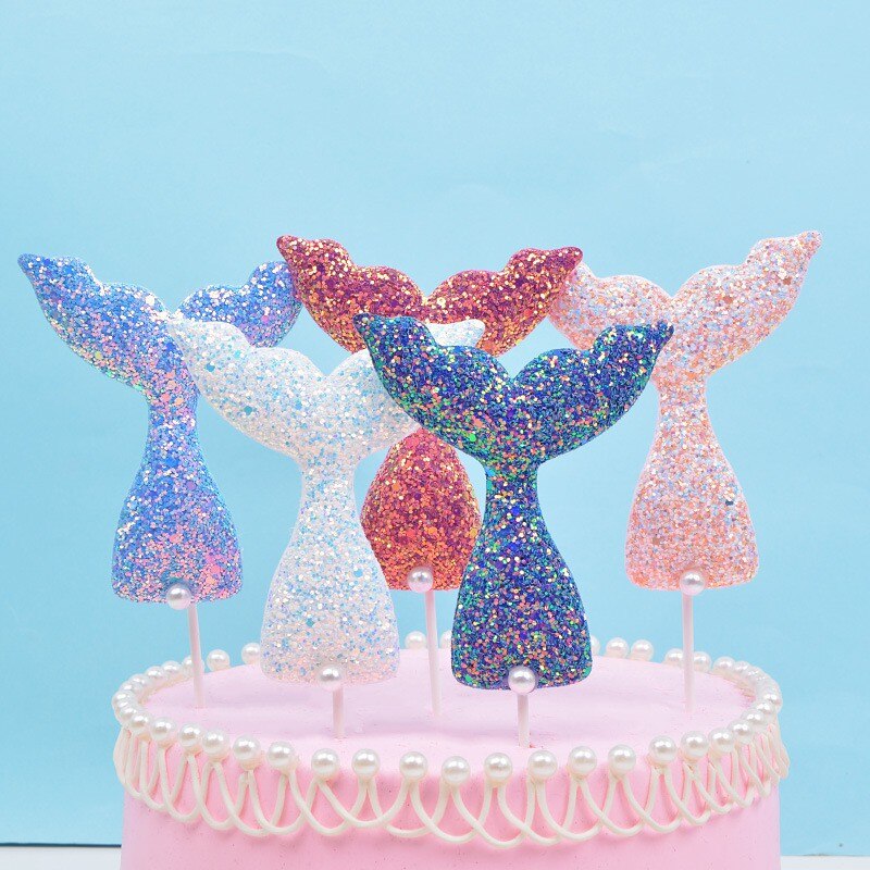 1pc sjöjungfru svans cupcake topper blå lila vit tårta flagga för sjöjungfru födelsedagsfest dekorationer barn flicka favors