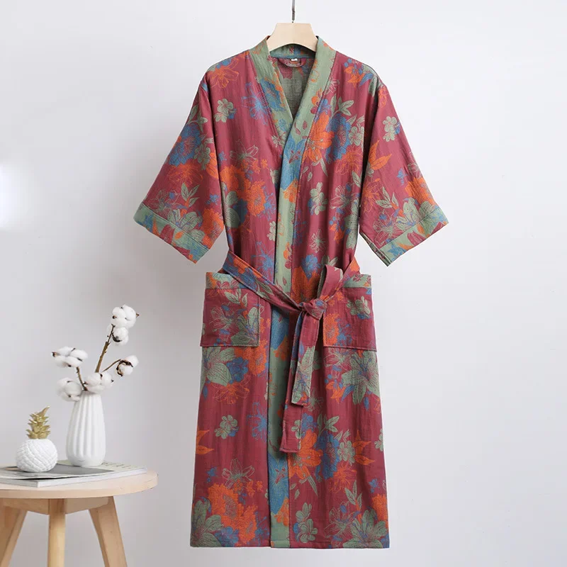 Albornoz de gasa de doble capa de algodón puro para primavera/verano, tela fina teñida, ropa de hogar para parejas, bata tipo kimono de estilo japonés, pijama: XL / Azul