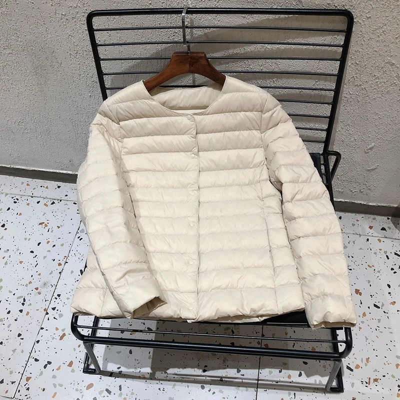 Dam vårjacka koreansk slim fit varm fodrad dunjacka ultralätt kragelös dam 90%  vit anddunsparka