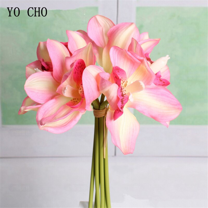 YO CHO Nep Orchidee Bloem DIY Bruidsmeisje Boeket Bruiloft Bloem 6 Heads Orchidee Boeket Bloemstuk Groen Thuis Party Decor
