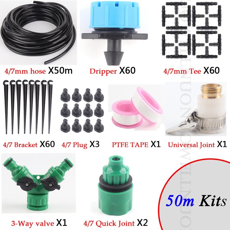 10~50m Garden Water Irrigation System Adjustable Dripper Emitters Flower Pot Watering Kits Plant Micro Drip Irrigation System: 50m Blue Kits