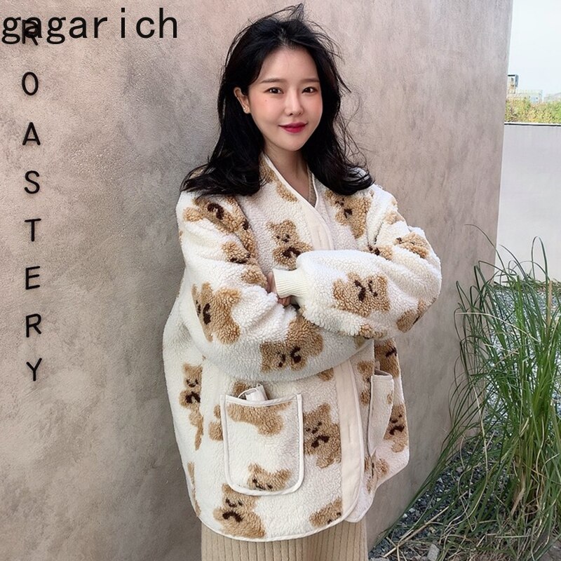 Gagarich-Chaquetas de estilo coreano Ins para otoño e invierno, Impresión de caricatura de oso, cuello en V, Chaqueta de punto cálida de un solo pecho, abrigo corto