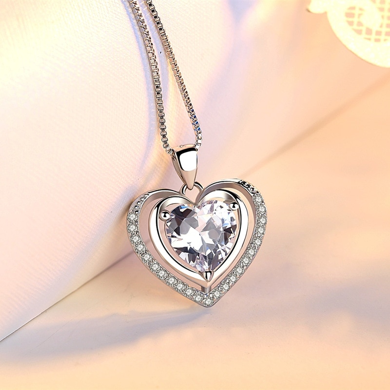 Fashionable Handmade Rhinestone Pendant Cubic Zirconia Sterling Silver 925 Jewlery Heart Crystal Necklace For Wedding Party