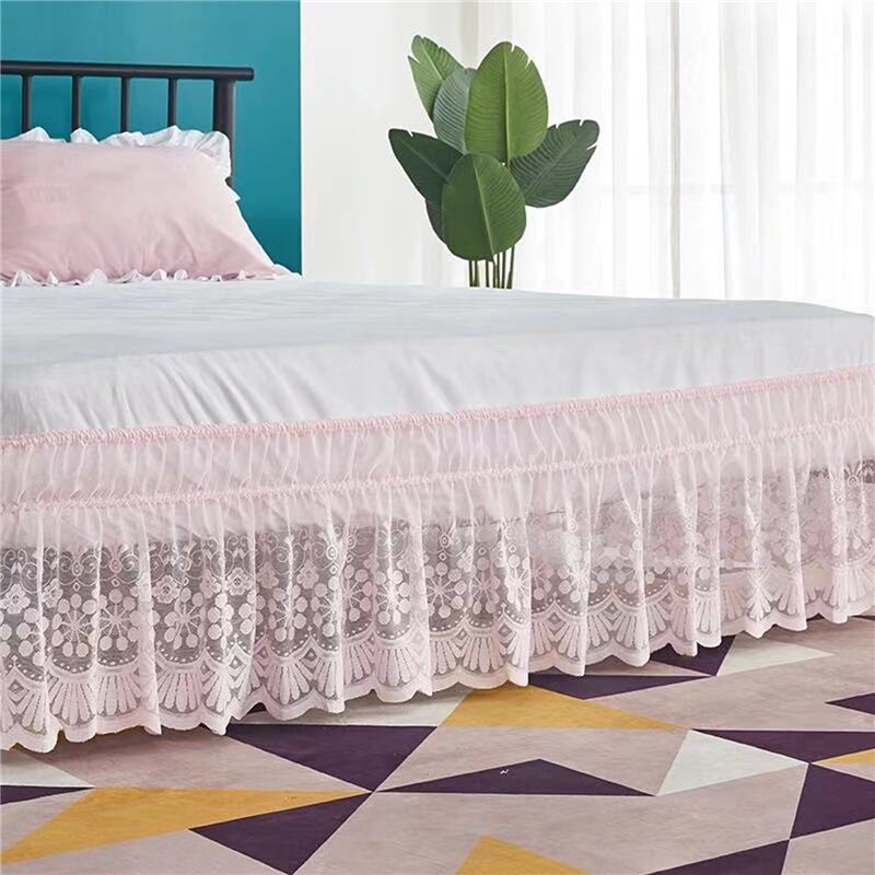 Ruffles Lace Bed Skirt Soft Microfiber Large Size Dust-proof Protector Silk Bed Sheet Wrap Around Three Side Bedroom Accessory: Pink / 120x200x38cm