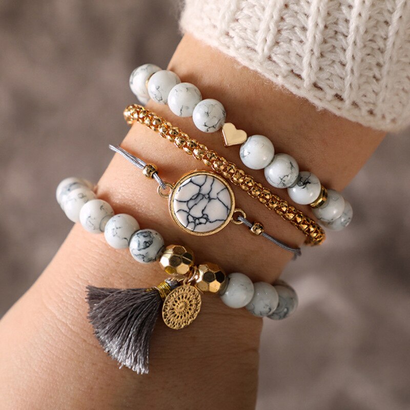 4 Pcs Bracelet Vintage Wind Bracelet Anklet Tassel Hollow Natural Stone Hollow Flower Charm Bracelet For Women