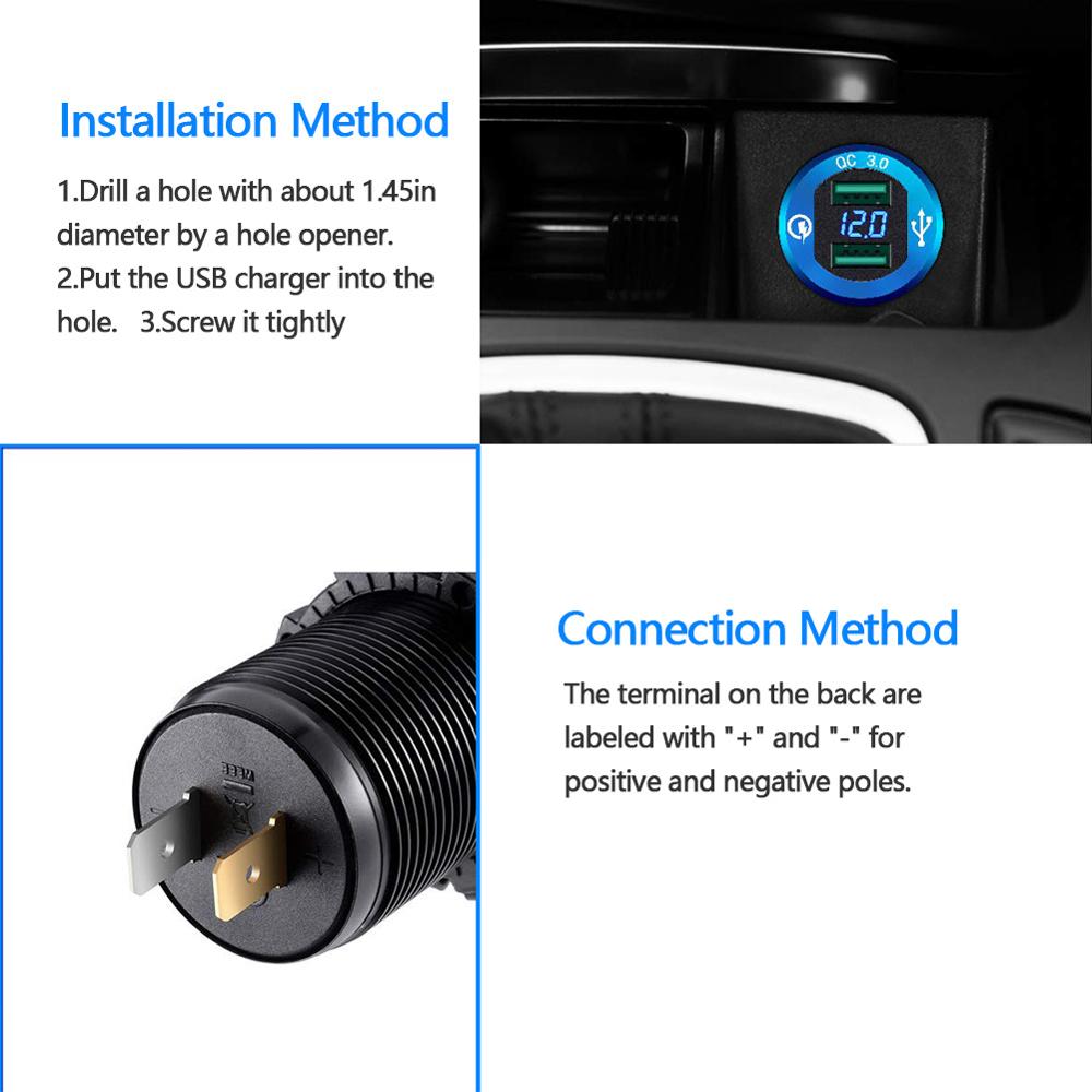 3.0 dubbele usb-autolader, waterdichte aluminium stopcontact, snel opladen met led-voltmeter, universeel 12v/24v snel opladen