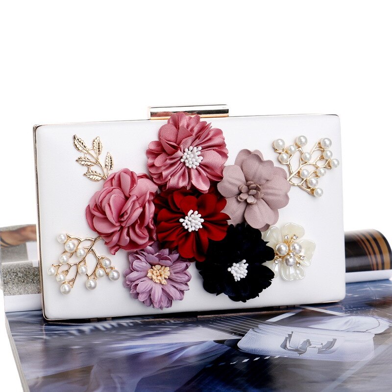Dame blomstret farverig diamant kvinder clutch bryllup aftentaske håndtaske toiletartikler og pung skuldertaske fest crossbody tasker: Hvid