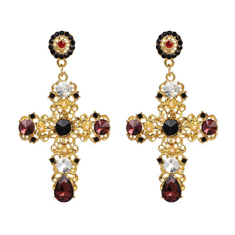 1 par Vintage barroco negro cristal pendientes colgantes de Cruz mujer rosa barroco bohemio grandes pendientes largos Bisutería