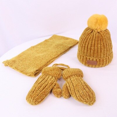 Børn vinter tredelt sæt varm plus fløjlhandske + hat + strikket tørklæde børn ensfarvet tilbehør til koldt vejr: -en