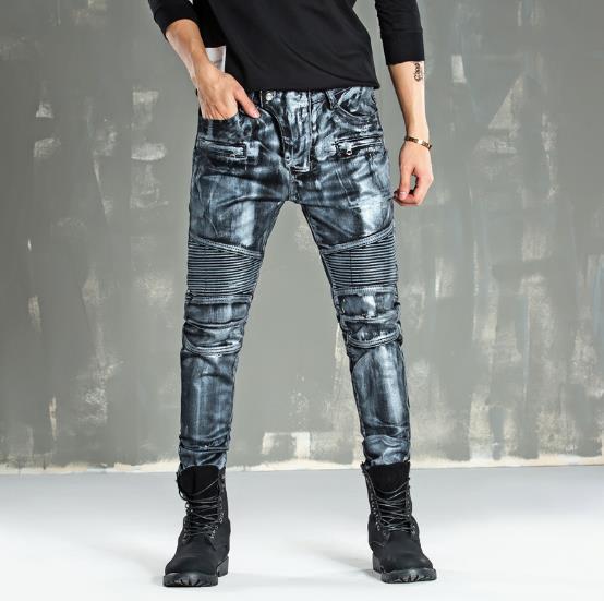 Pantalones estilo motero para hombre , vaqueros de motorista dorados y amarillos con revestimiento ostentoso, pantalones ajustados, pantalones de retales para hombre, vaqueros de talla grande para hombre: Plata / 30