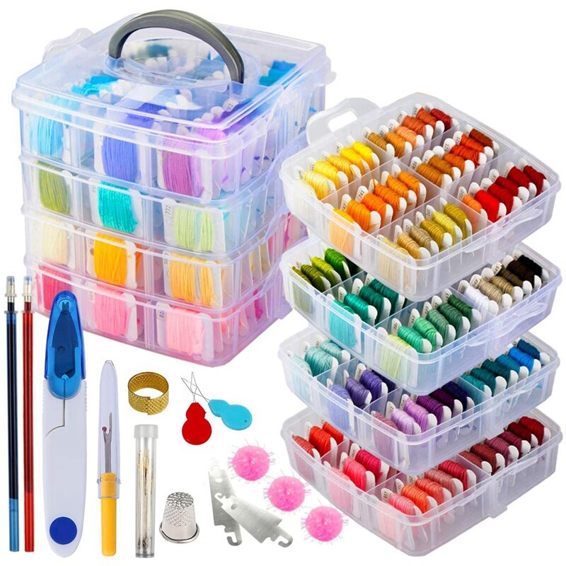 Embroidery Thread Floss Set Including 200 Colors Cross Stitch Sewing Thread with Floss Bins and 48 Pcs Cross Stitch Tool