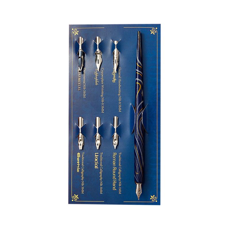 1 set marmeren houten manga kalligrafie kroontjespenhouder met 6 pennenpunten voor het schrijven van letters: Blauw