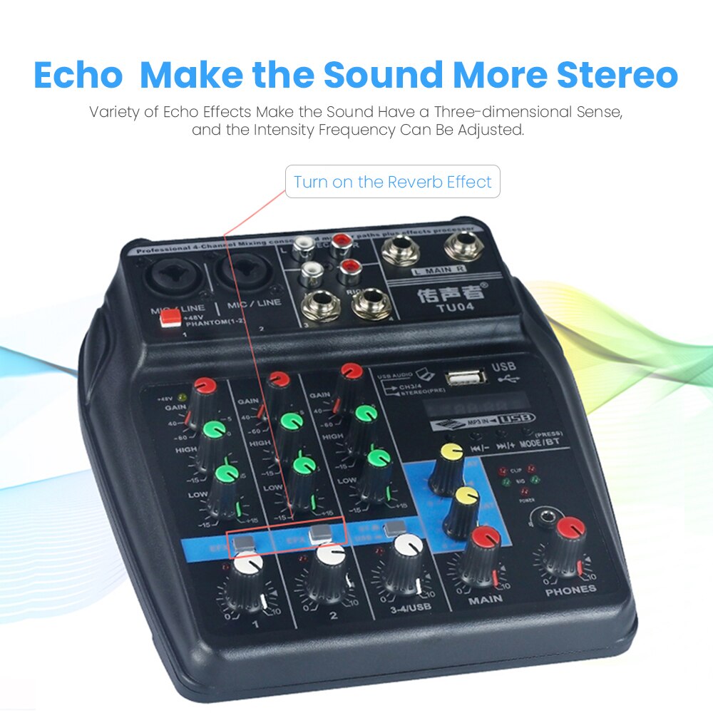 Multifunction 4 Channels Audio Mixer Portable Mic Sound Mixing Console Built-in 48V Phantom Power USB Sound Card For Computer