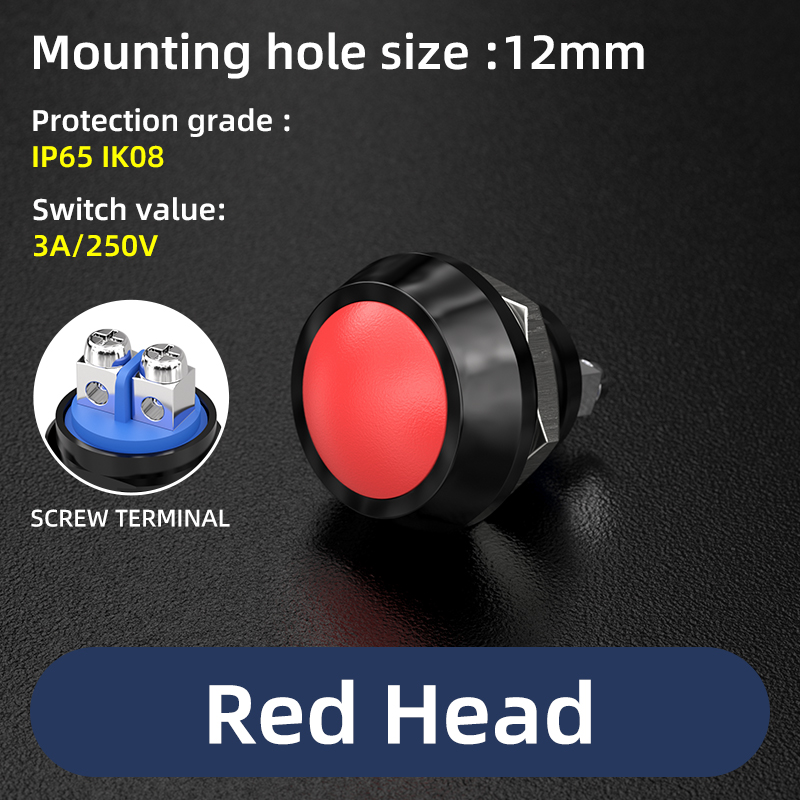 12 mm 1/2 Zoll Montageloch, IP65, bunt, gewölbter Mini-Schraubklemmen/Stiftklemme, wasserdichter Momentan-Drucktastenschalter: Schwarz