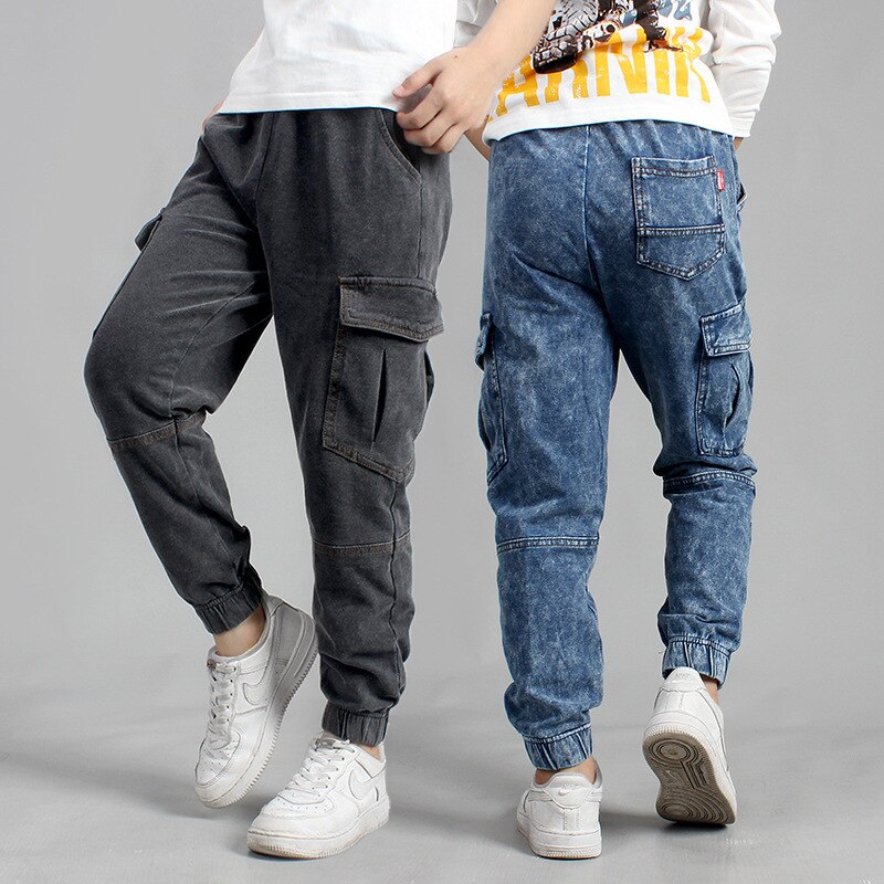 Mode Jongens Jeans Sport Broek Multi-Pocket Jeans Effen Kleur Jongen Kleding Elastische Jeans Voor Jongens Kinderen Kleding 5-12 Leeftijd