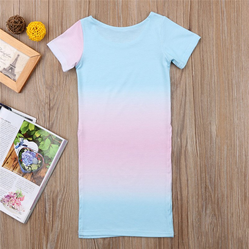 Été décontracté robe de -né infantile bébé filles dégradé coloré élastique col rond à manches courtes T-shirt fendu hauts longs