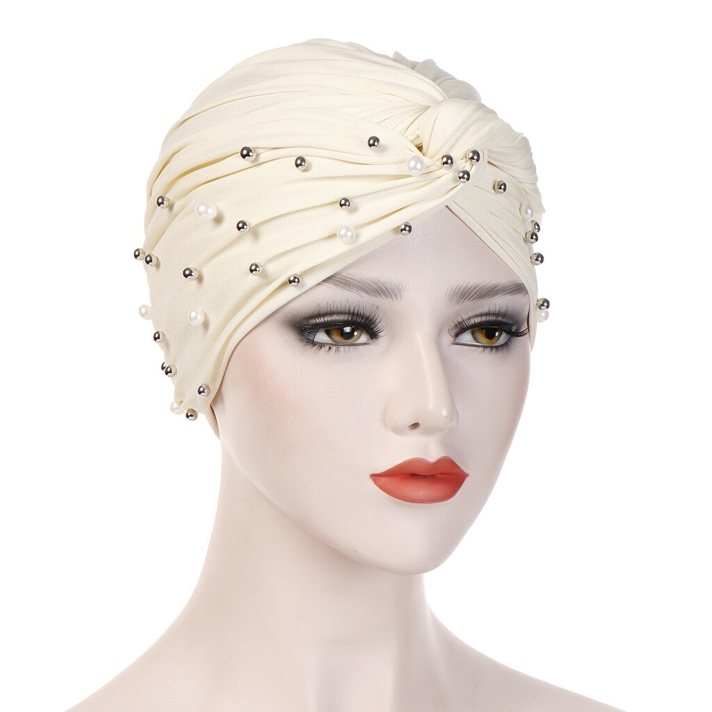 Turbante musulmán de ante para mujer, gorro con perlas de terciopelo, turbante indio, diadema para invierno: Beige