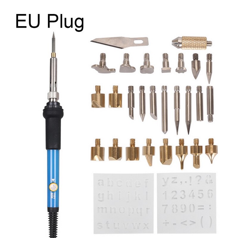 28 pçs ferro de solda ajustável escultura pirografia ferramenta gravação de madeira queima caneta conjunto dicas de solda kit ue/eua/reino unido plug: EU Plug