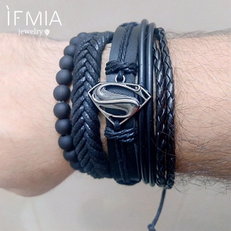 Ifmia 4 Stks/set Punk Captain Vintage Zwart Lederen Armband Charm Mannen Hand Geweven Armbanden Kralen Armband Fasion Sieraden