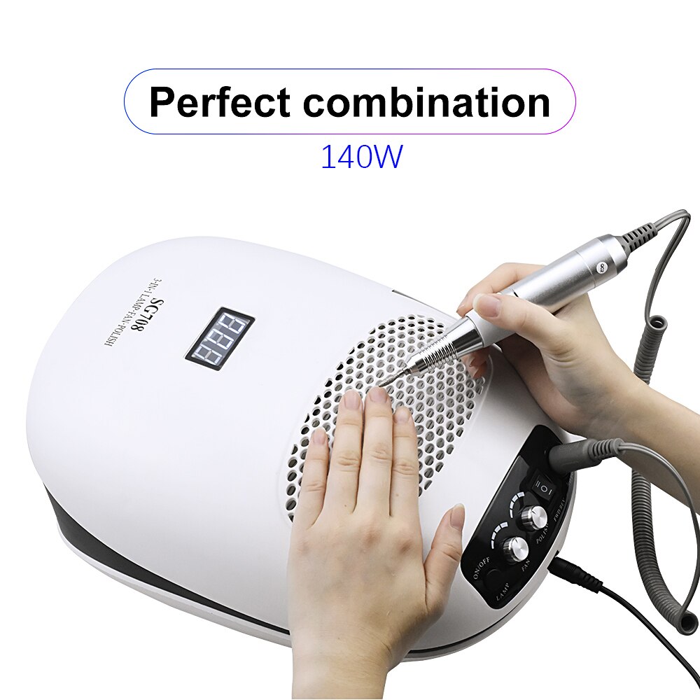 Taladro de uñas 3 en 1 de 140W, máquina de manicura, aspirador de polvo de uñas y ventilador Extractor de lámpara UV para herramienta de manicura, colector de polvo