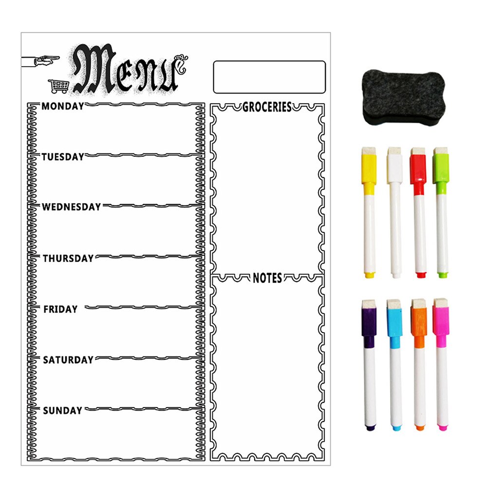 Magnetisk menutavle køkken køleskab tavle med 8 farve kridt markører 1pc viskelæder ugeplanlægger kridt tavle køleskab bord kit: Hvid