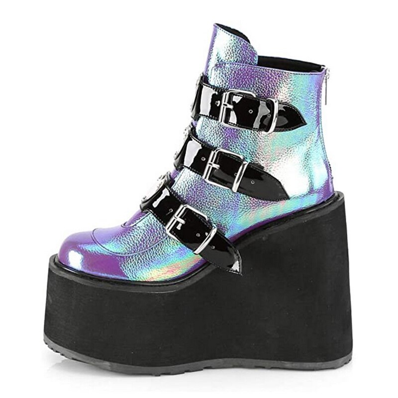 Enkellaarsjes met metalen gesp voor dames, zwart-wit punk, plateau laarzen met hoge hakken, veterschoenen met gesp