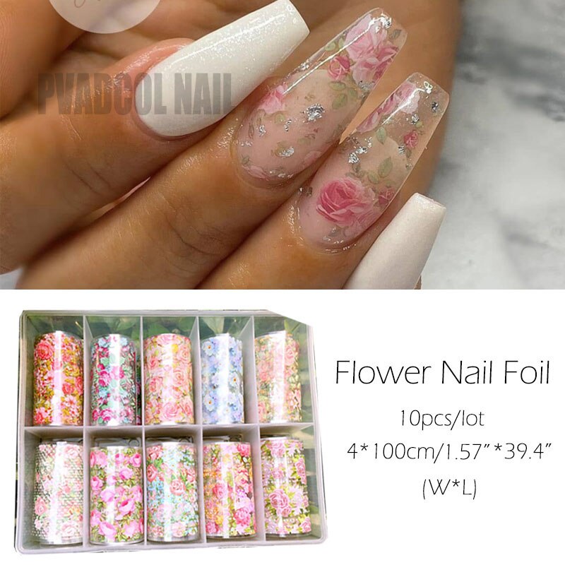 Holografisk blomma nagelfolie blommig folie naglar nail art överföringsfolie omslag akryl naglar 10 rullar/kartong: Typ 1