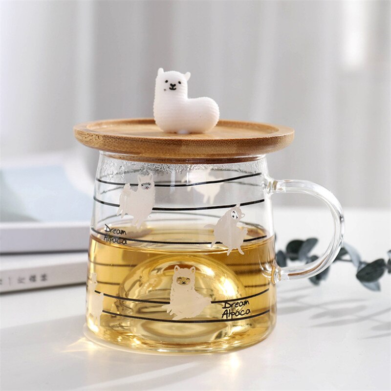 Nordic cute 3d alpaca glass mug with bamboo lock heat resistant transparent office milk coffee tea breakfast cup drinkware: B