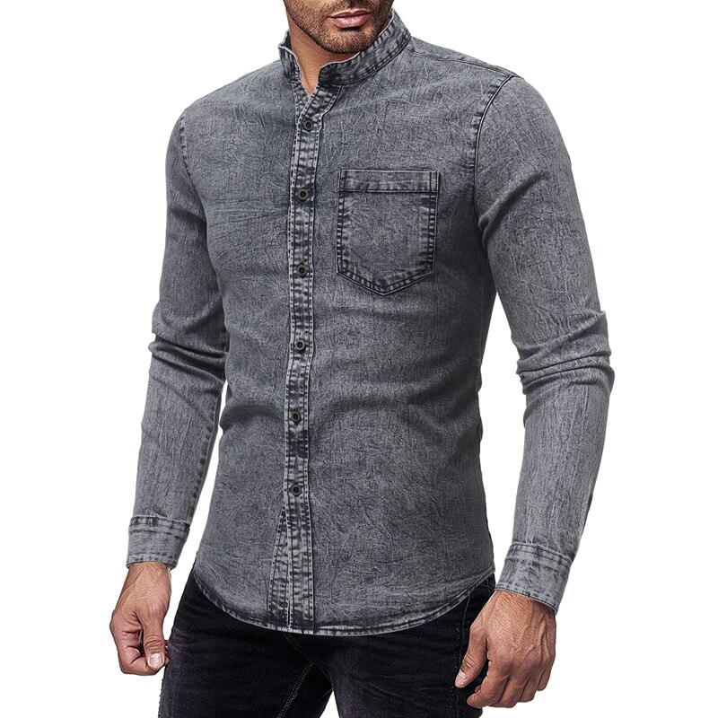 Markyi streetwear menn vask denim jeans skjorte høst lange ermer skjorte casual slim fit denim kjole skjorter: Grå / M