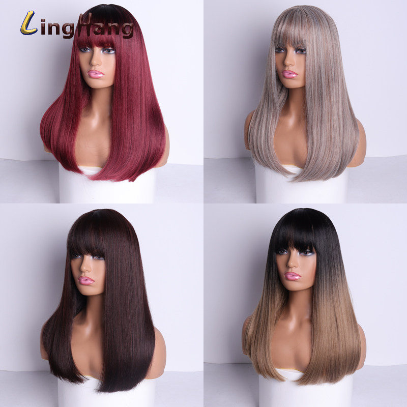 LISI CAPELLI Medio Parrucca Capelli Lisci con Frangetta Miscela Ad Alta Temperatura Dei Capelli Sintetica Resistente Bianco/nero Delle Donne