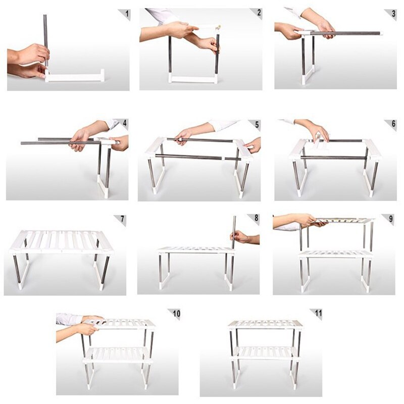 Stainless Steel Floor Type Holder Adjustable Extendable Double Layer Dishes Storage Rack Kitchen Under Sink Multifunction Shelf