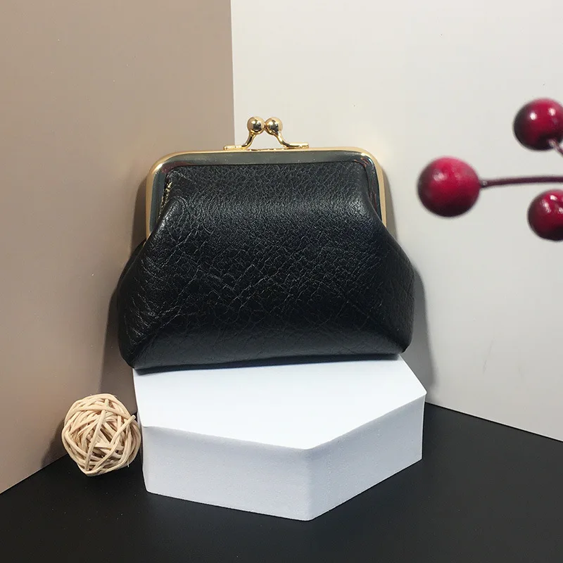 Women's Coin Purse Oil Wax Leather Wallet Buckle Mini Wallet Coin Bag Lipstick Storage Bag Ladies Clutch Bag Case: black