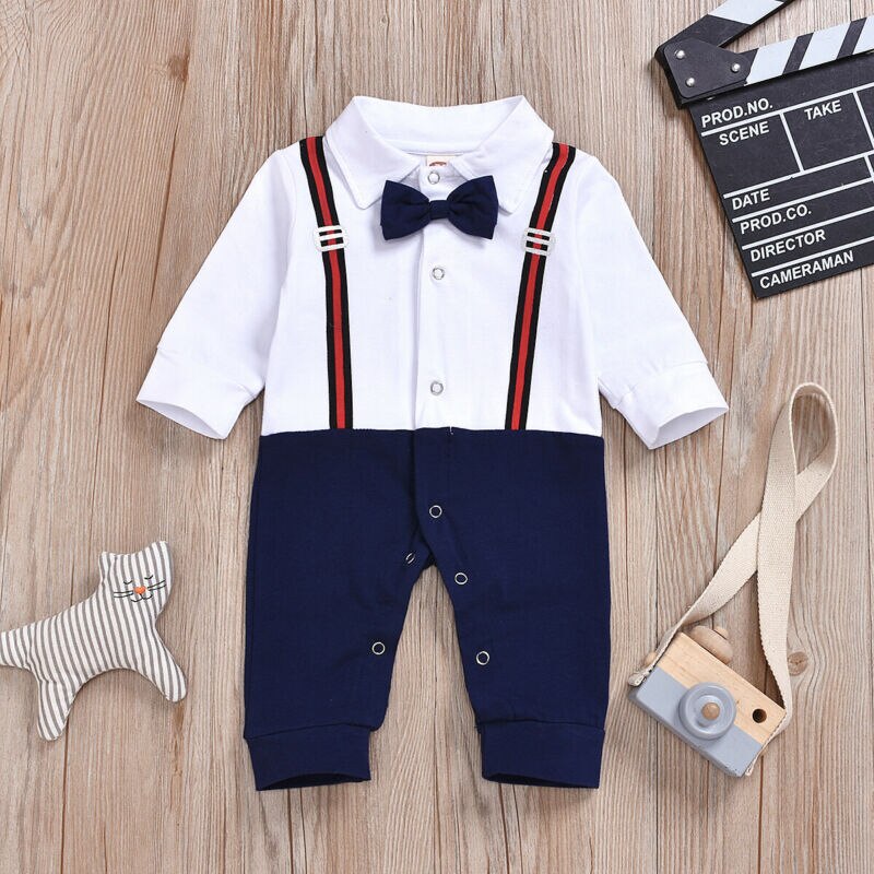 Katoen Lange Mouwen Party Kids Baby Jongens Rompertjes Formele Gentlement Strikje Peuter Infant Outfits Leuke Jarretel Afdrukken Kostuums