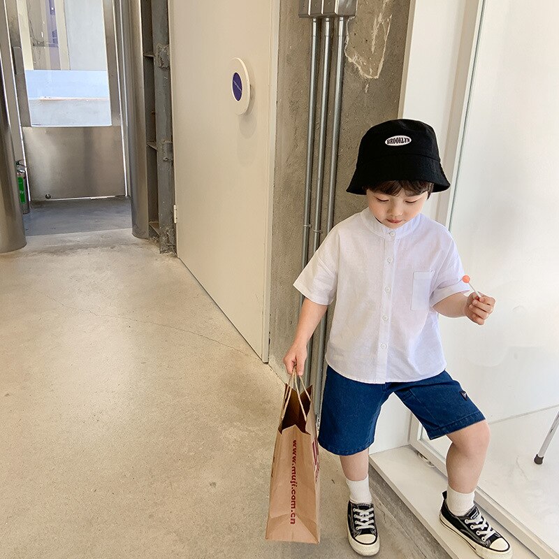 Zomer Baby Jongens Effen Kleur Dunne Korte Mouw Shirts Japanse Stijl Losse Casual Alle-Match Tops