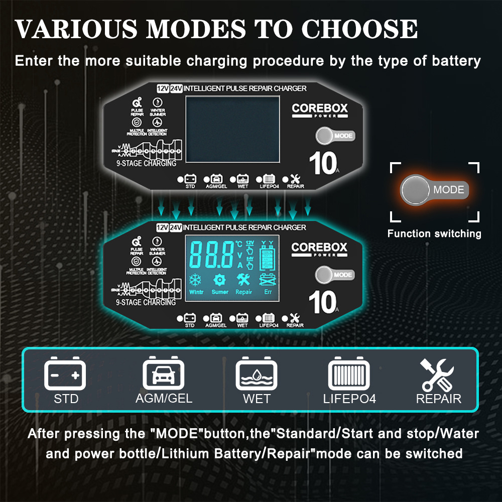 Dispositivos de carga de batería para automóviles y motocicletas Cargador de batería automotriz Mantenimiento inteligente AGM de batería de plomo ácido 12V 10A