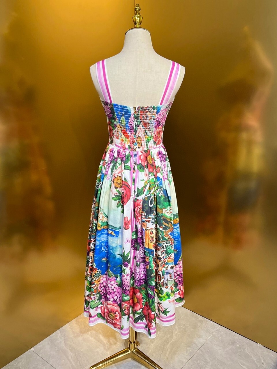 Sommerferien Landebahn Blume Midi Ballkleid Frauen elastische sexy rücken freie Träger Empire Print Sommerkleid Party Vestidos
