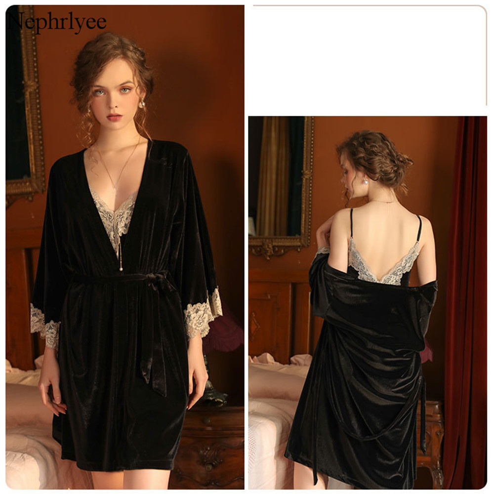 Vrouwen Satin Wedding Kimono Bruid Gewaad Nachtkleding Alleen Gewaad Fluwelen Gewaden Kant Badjas Spa Bridal Robe Badjas SLP012: Black