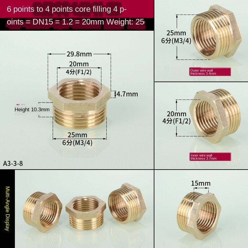 3/4 in to 1/2 in interne en externe draden direct 1 inch  to 3/4 in to 1/8 in to 1/4 in to 3/8 in draden: A3-3-8