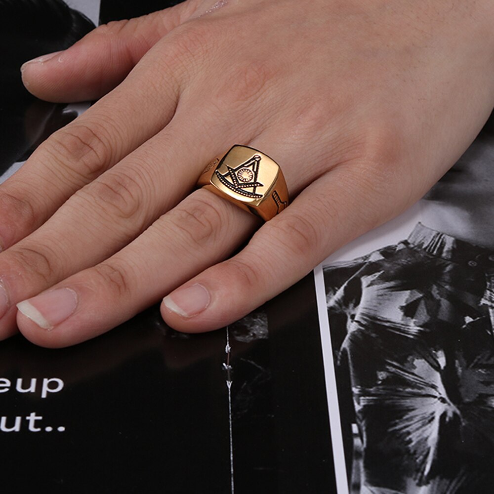 Freimaurer Kompass Gold männer Edelstahl Ring Hohe Für Männer Männlichen Ring Partei Schmuck Zubehör Hochzeit Ring