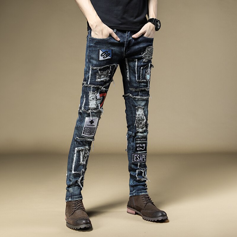 Mænds denim jeans til mænd efterår broderede slim feet bukser hip-hop rock tide fritid fritidsbukser 73% bomuld