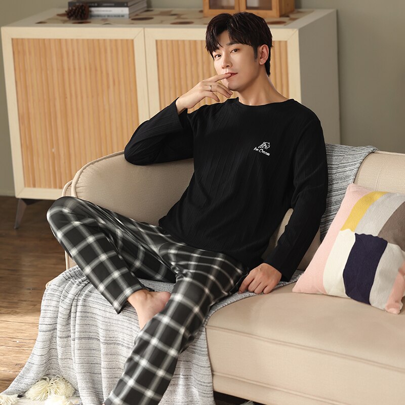Spring Full Pure Cotton Men's Pajamas Sets Long Sleeve Tops Plaid Pants Pyjamas Male Casual Pijama Hombre Big Yards 4XL