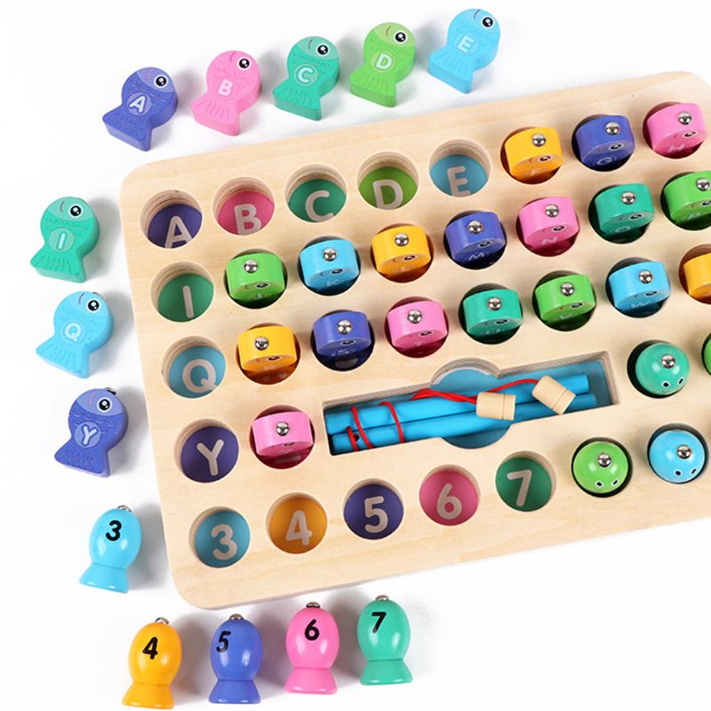 Di legno di Pesca Magnetica Gioco Giocattolo per Bambini Lettere di Alfabeto Numero di Apprendimento puzzle