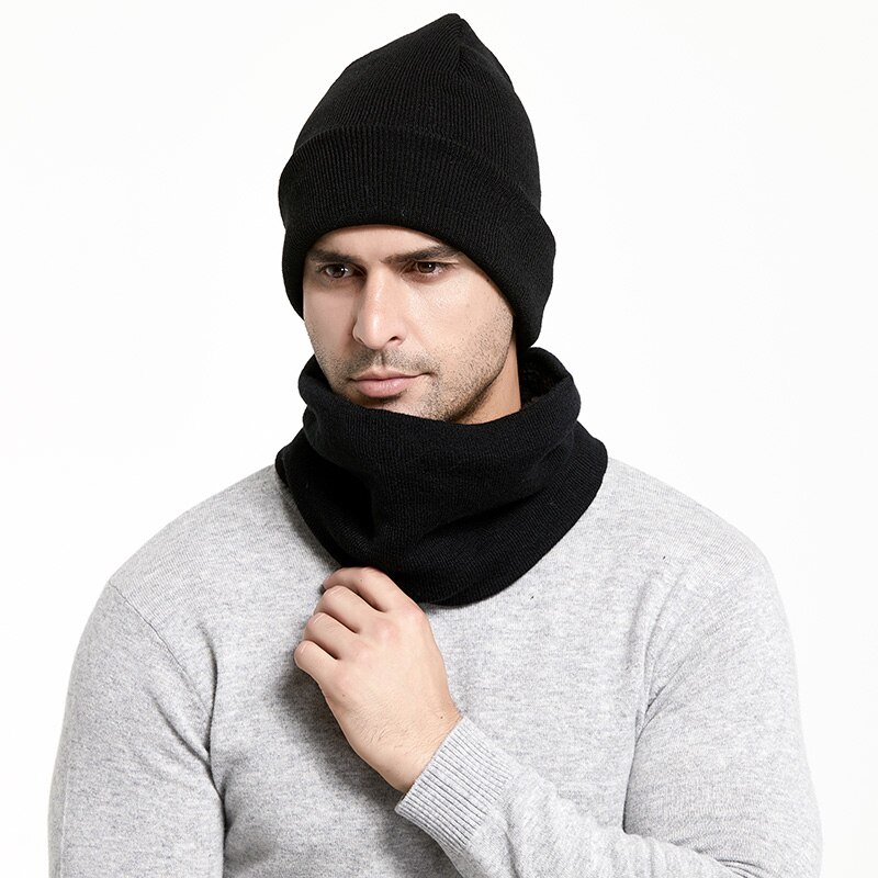 Conjunto sombreros bufandas de invierno para hombre, gorros de punto grueso para mantener el calor, accesorios de invierno, gorro, bufanda, gorra de cobertura gruesa para otoño: Black