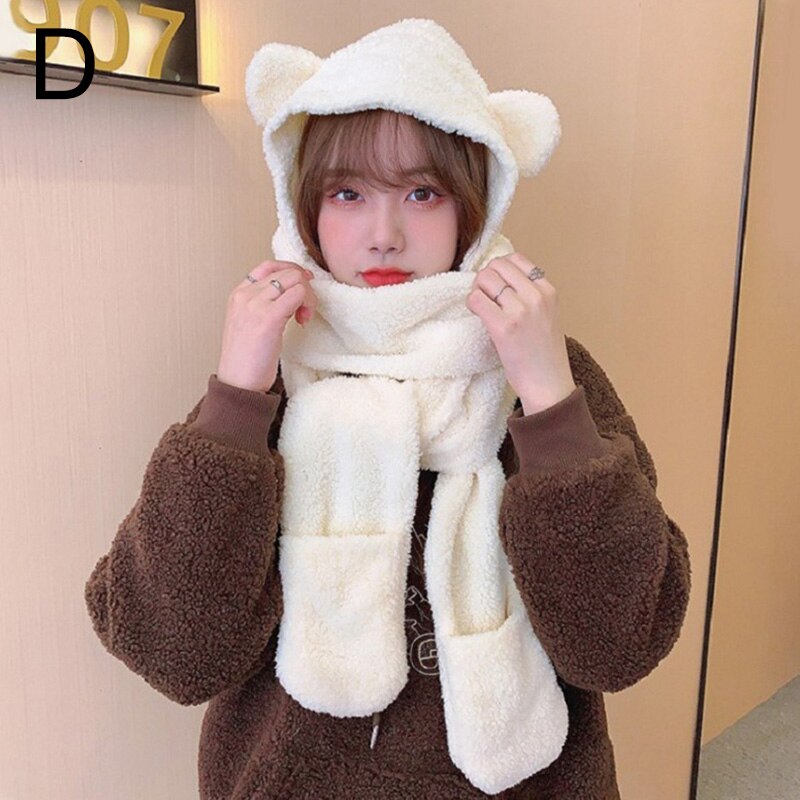 Korean Women Fluffy Plush Warm 3 In 1 Hooded Scarf Hat Gloves Set Cute Cartoon Cat Ears One-Piece Winter Windproof Earflap Cap: Beige