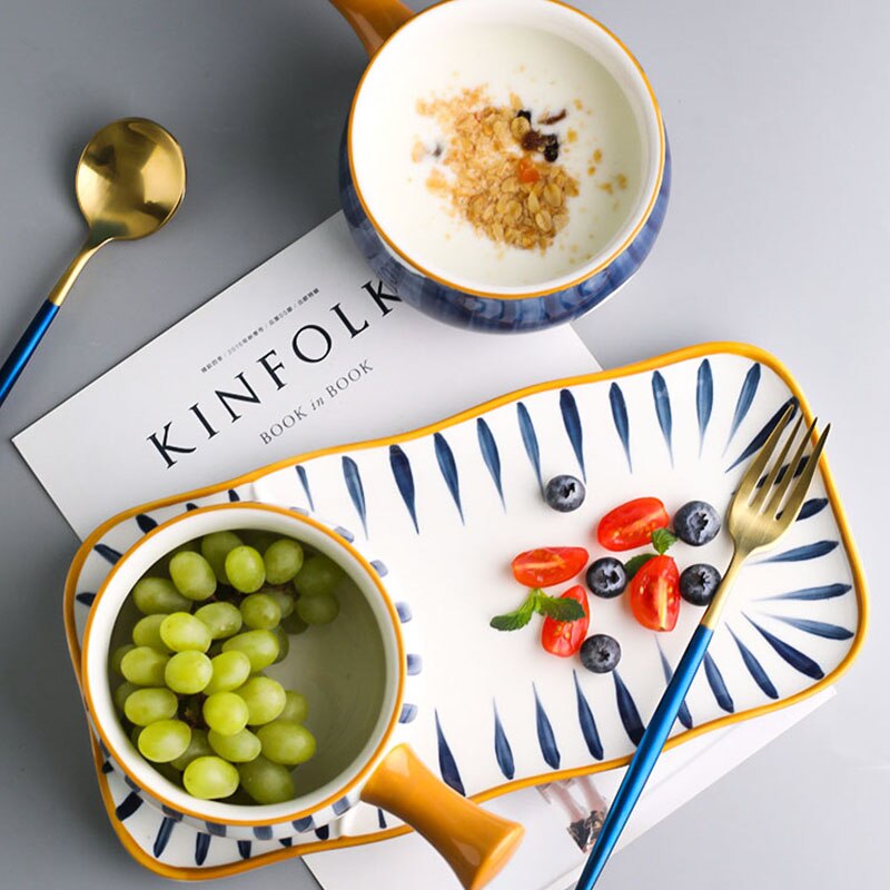 Japanse Ontbijt Keramische Servies Huishouden Serveren Gerechten Desserts Kommen Met Handgrepen Bone China Servies Diner Tafel Set