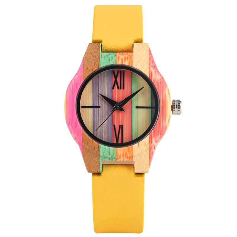 heren Horloge Luxe Houten Quartz Horloge Populaire Unieke Candy Kleur Volledige Hout Pols Vrouwen Horloge Mannelijke Klok Souvenir: yellow leather